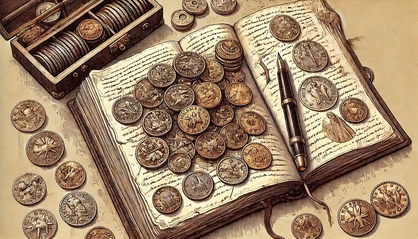 A collection of coins lying in an old journal.