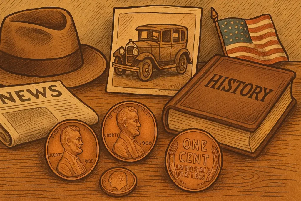 A collage on the early XX century America style with wheat pennies lying in the front.