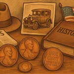 A collage on the early XX century America style with wheat pennies lying in the front.