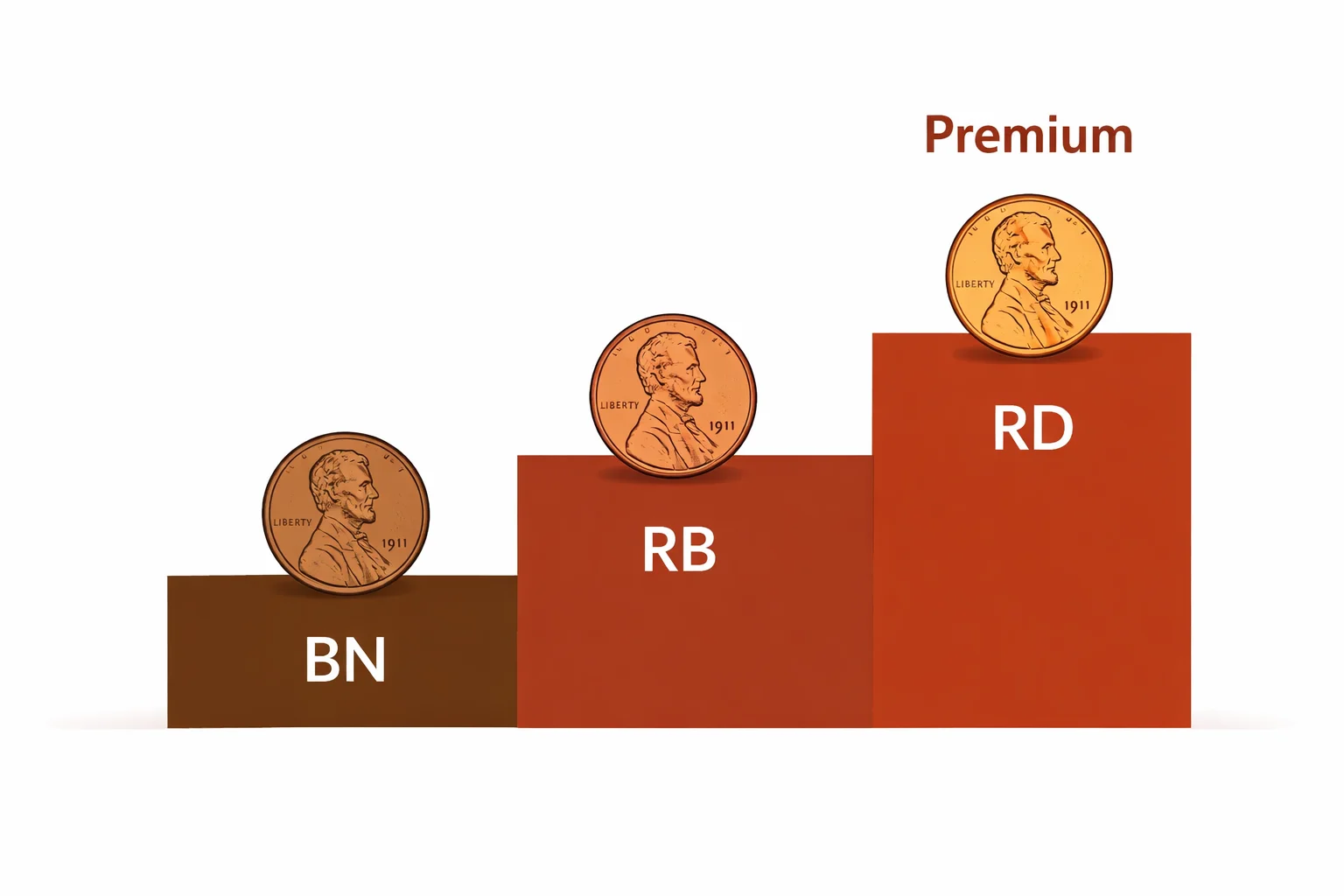 Color premium ladder for 1911 Wheat cents: BN, RB, and RD.